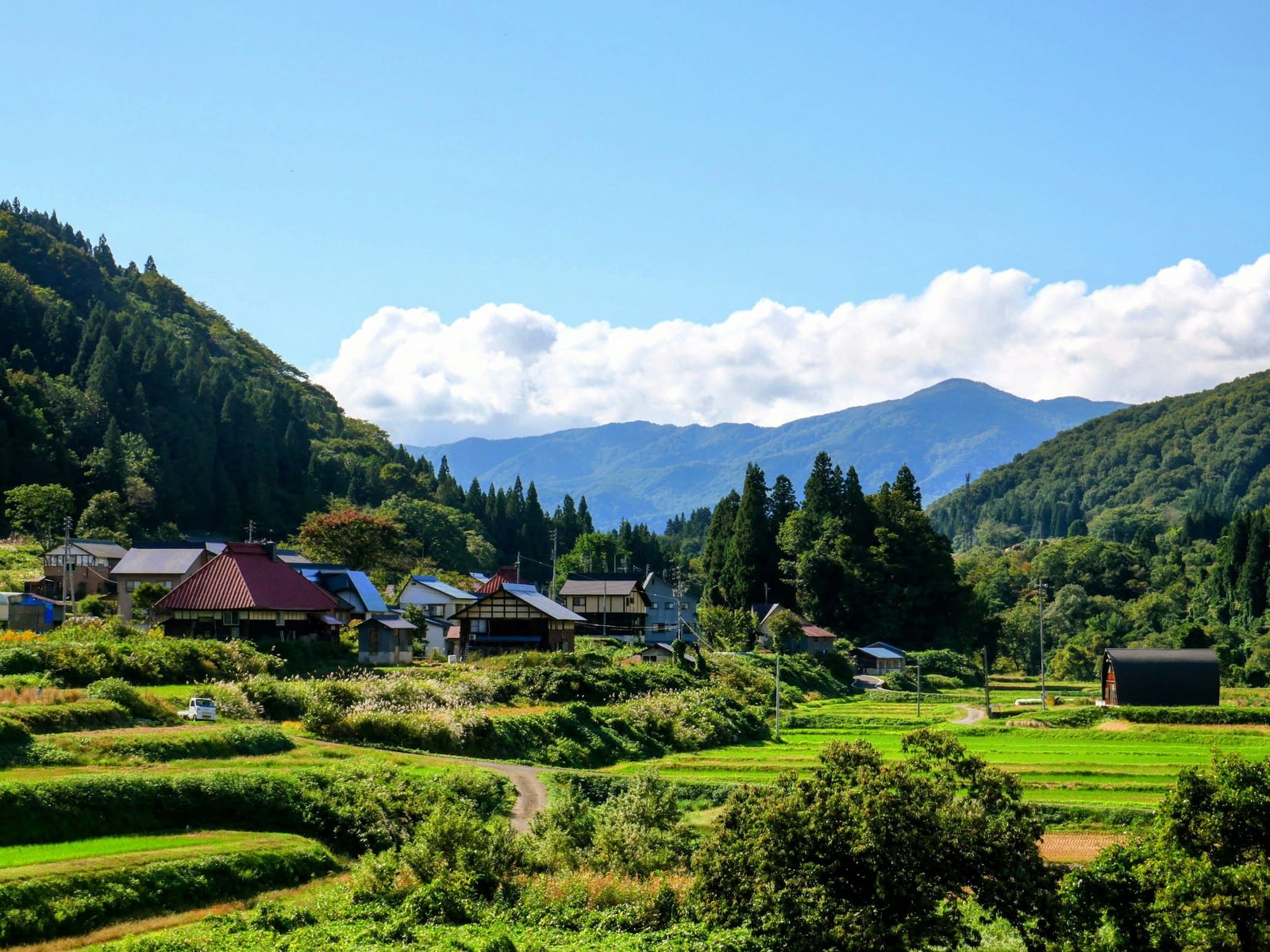 A mountain village with terraced rice fields