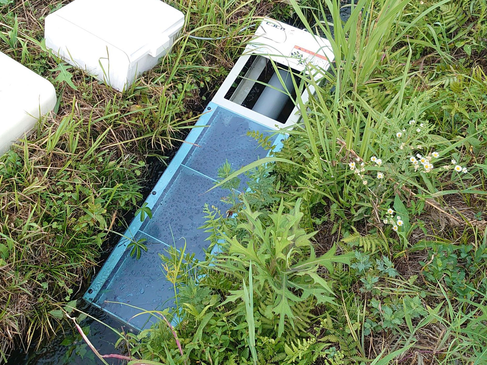草むらの中の水路に据えられた小型水力発電機「ピコピカ10」
