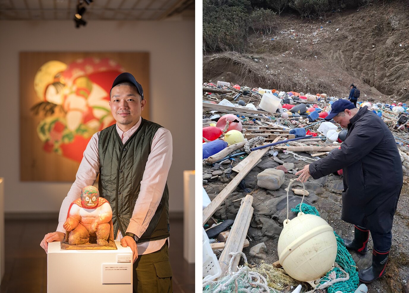 Hakata doll master Hiromine Nakamura, and Nakamura inspecting drifted debris on a Tsushima beach